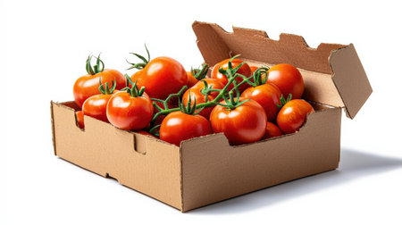 Tomato box isolated on white, filled with fresh produce, ideal for farm and organic brandingの素材