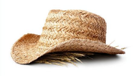 Straw hat isolated on white, ideal for rural and outdoor lifestyle visualsの素材
