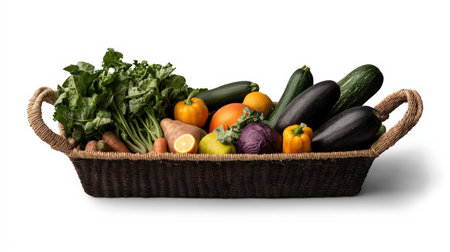 Vegetable basket filled with fresh produce, isolated on white, ideal for farm brandingの素材