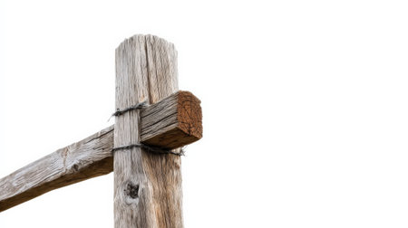 Wooden fence post isolated on white background, ideal for rural and farm brandingの素材
