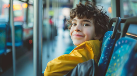 Portrait of a boy in a yellow raincoat sitting in the busの素材
