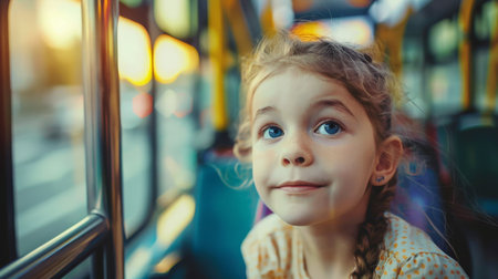 Portrait of cute little girl in a bus on a summer dayの素材