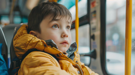 A boy in a yellow jacket looks into the distance in the bus.の素材