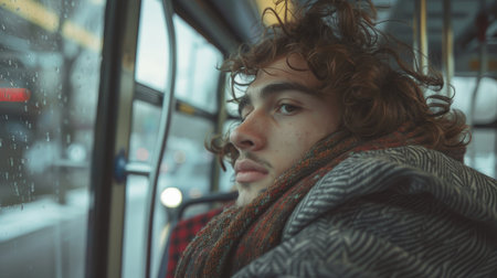 Portrait of a young man with curly hair in a bus.の素材