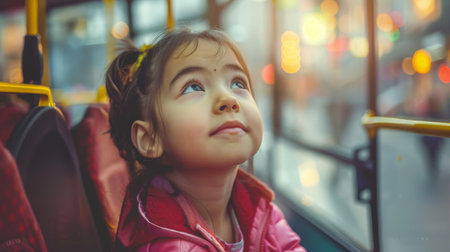 Portrait of a cute little girl on a bus in the cityの素材