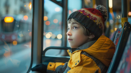 Cute little boy traveling by bus in the city at night.の素材