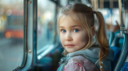 Portrait of a cute little girl in a bus. Selective focus.の素材