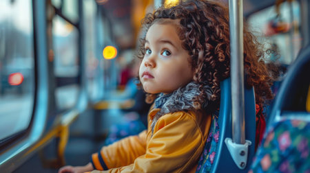 Adorable little girl traveling by bus in Paris, France. Cute child with curly hair wearing yellow jacket and scarf.の素材
