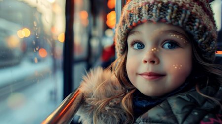 Portrait of a cute little girl in winter clothes on the busの素材