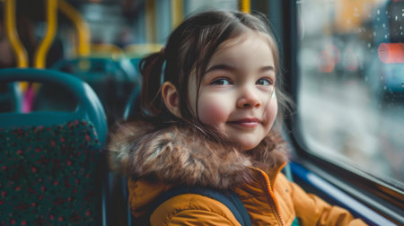 cute little girl in yellow jacket riding in bus and looking awayの素材