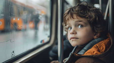 Portrait of a boy in a bus. The child looks out the window.の素材