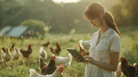 A young woman in a white dress uses a tablet to monitor the health of her free-range chickens on an organic farm.の素材
