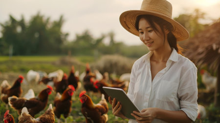 Asian woman farmer using tablet for checking quality of chicken eggs in the farm at sunsetの素材