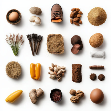 A collection of various food items, including nuts, seeds, and vegetables, arranged in a gridの素材