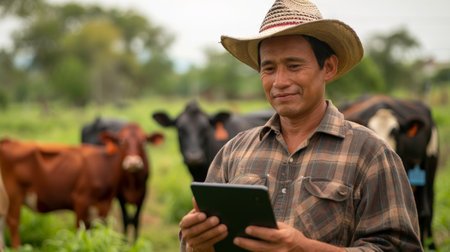 Latin American farmer using digital tablet in pasture with herd of cattleの素材