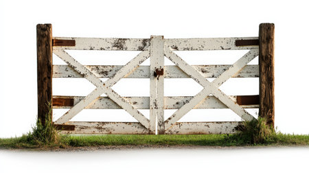 Metal farm gate isolated on white, ideal for rural and agricultural themesの素材