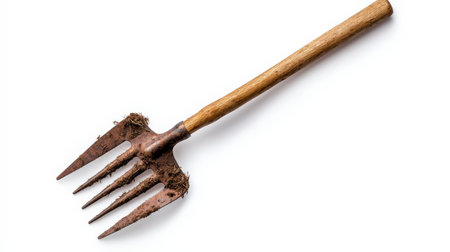 Pitchfork isolated on white background, perfect for rural lifestyle and agricultural themesの素材