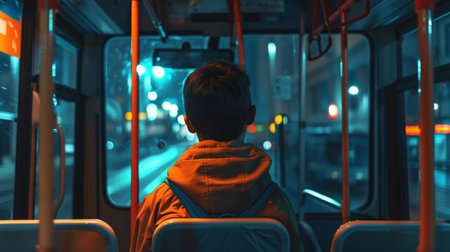 Back view of a young man sitting in a bus at night.の素材