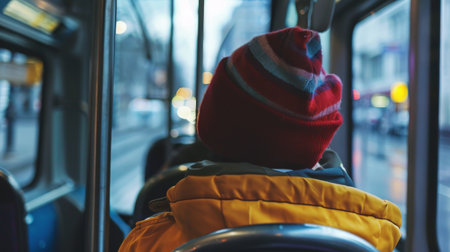 Back view of a boy in a yellow jacket and a red hat on the busの素材