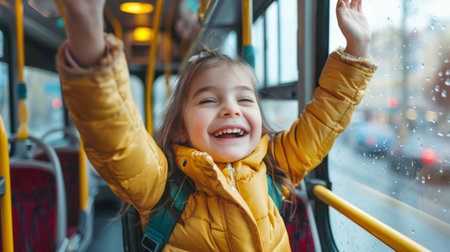 Cute little girl in yellow raincoat riding in bus on rainy dayの素材