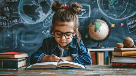 Cute little girl in glasses is sitting at the table and writing in a book.の素材
