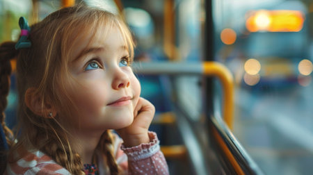 Portrait of a cute little girl on the bus. Blurred background.の素材