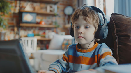 Cute little boy in headphones listening to music while sitting at homeの素材