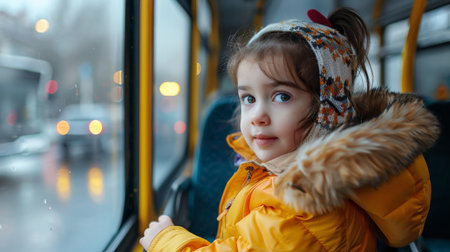 Adorable little girl riding a bus on a cold winter day.の素材