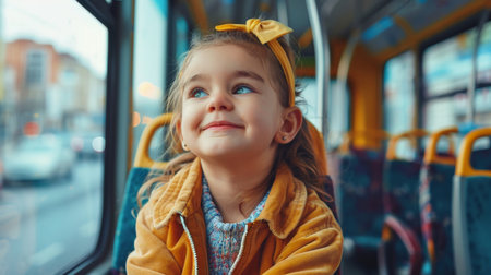 Portrait of cute smiling little girl in yellow jacket on the busの素材