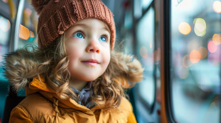 Portrait of a cute little girl in a warm hat and coat on the bus.の素材