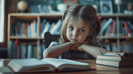 Cute little girl reading a book in the library, education conceptの素材