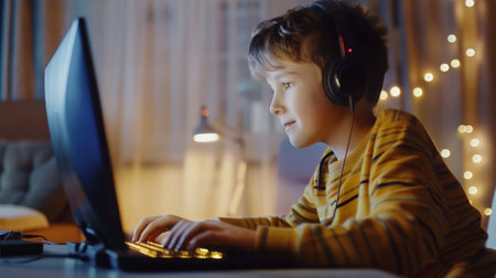 Cute little boy in headphones playing video games on laptop at homeの素材