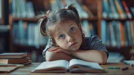 Portrait of a little girl in the library. Selective focus.の素材