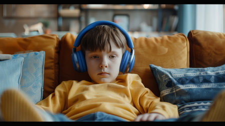 Cute little boy in headphones listening to music on sofa at homeの素材