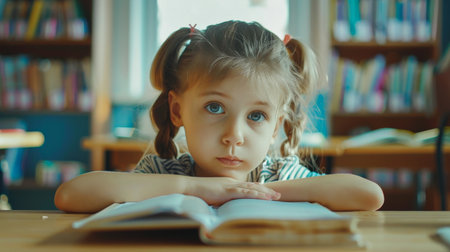 Cute little girl reading a book in the library at home.の素材