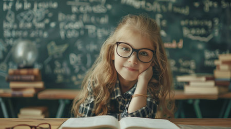 Cute little girl in eyeglasses reading a book in classroomの素材