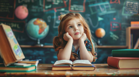 Portrait of a cute little girl reading a book in a classroom.の素材