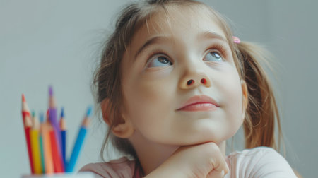 Portrait of a cute little girl with pencils in her handsの素材