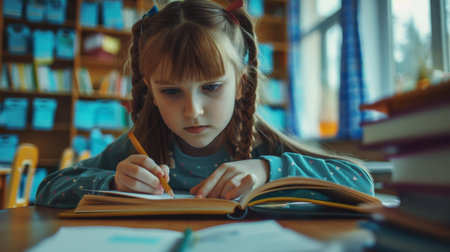 Cute little girl doing homework in the library. Education concept.の素材