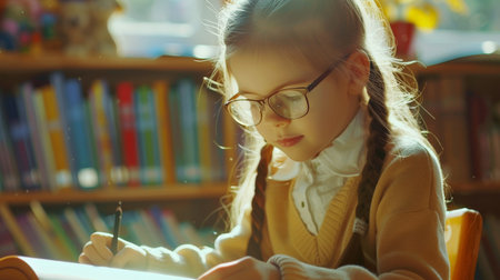 Cute little girl doing homework at home. The child is wearing glasses and a beige jacket.の素材