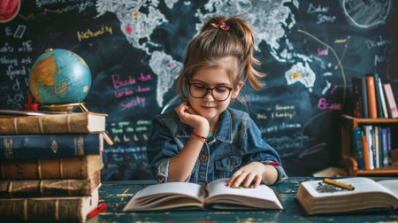 Cute little girl in glasses reading a book while sitting at the desk in the classroomの素材