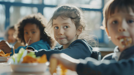 Cute little children eating food in cafe. Selective focus.の素材