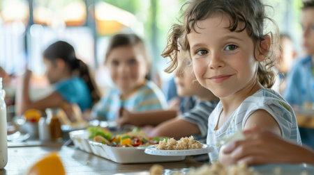 Portrait of cute little girl looking at camera while having lunch with her friendsの素材
