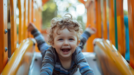 Portrait of a cute little boy having fun on the playground.の素材