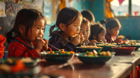 Unidentified Thai children eating at the market in Kanchanaburi, Thailand.の素材