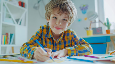 Portrait of cute little boy drawing with colorful pencils at homeの素材