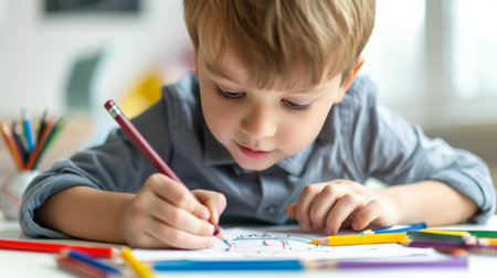 Cute little boy drawing with colorful pencils while sitting at tableの素材