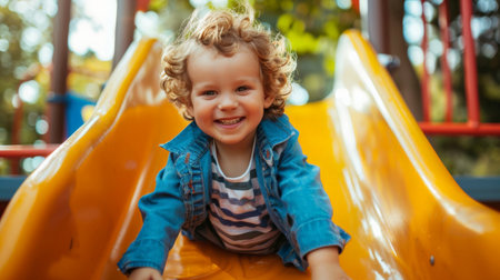 Portrait of cute little boy having fun on slide at amusement parkの素材