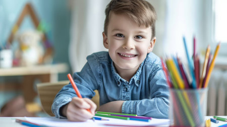 Portrait of smiling little boy drawing with colorful pencils at homeの素材