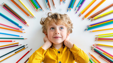 Top view of cute little boy with colorful pencils on white backgroundの素材